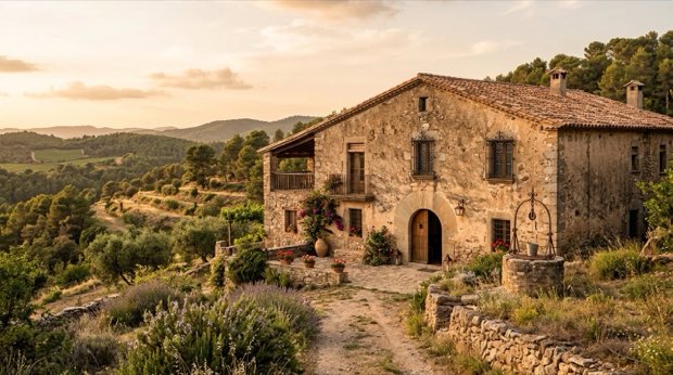 Masia de pedra en un tur&oacute;, amb el sol de tarda i camps al fons