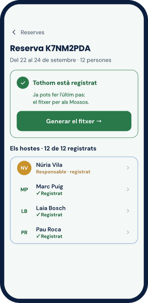 La reserva amb tothom registrat i el botó «Generar el fitxer»
